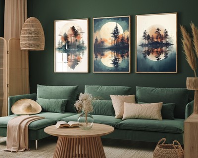 Rust Moon Over Water 1 Set of Three Art Print Painting Poster Night Scene