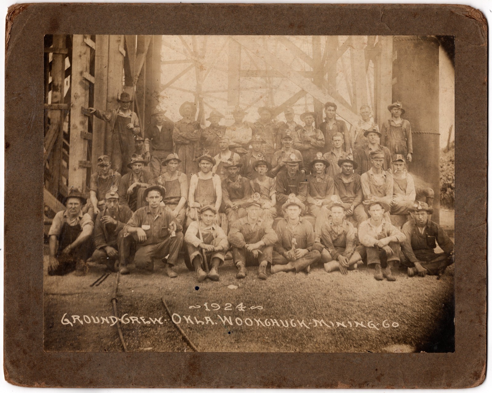 MOUNTED BOARD PHOTO GROUND CREW OKLAHOMA WOOKHUGH MINING CO. MINERS LAMPS CIGAR