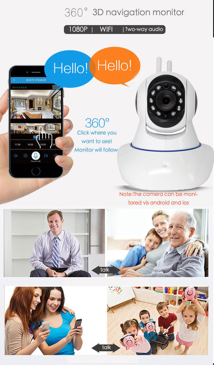 1080P Wireless Wifi Baby,Pet Monitor Panoramic Night Vision Alarm IP CCTV Camera