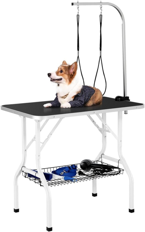 Dog Grooming Table 36 Inch Foldable Adjustable Arm Double Loops Mesh Tray Pet