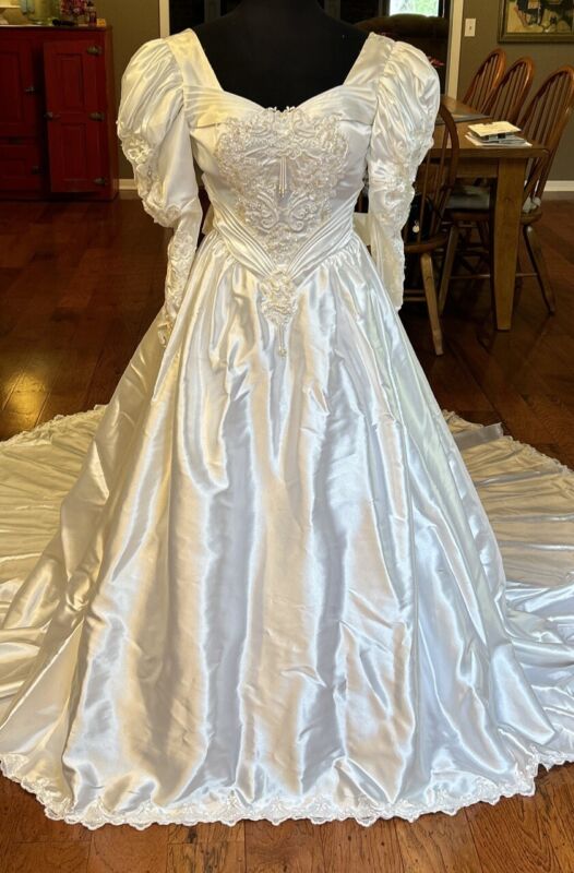 Vintage 80s Liquid Satin Wedding Dress Ivory Beaded Pouf Sleeves Bustle Small