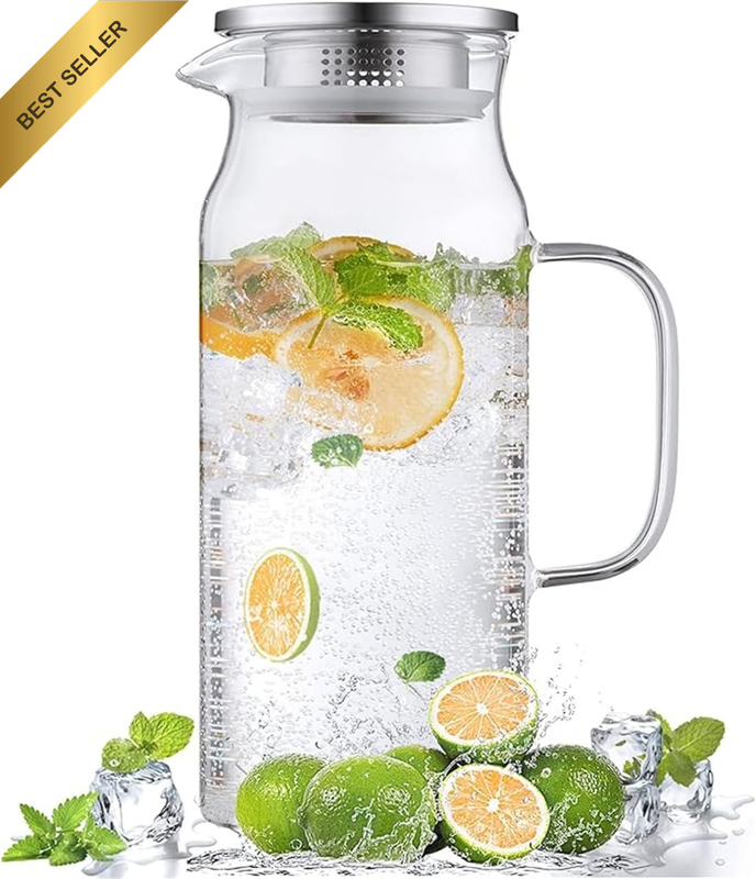 2 L Glass Pitcher with Lid and Spout，Carafe Jug Borosilicate Pitcher Jar with Ha