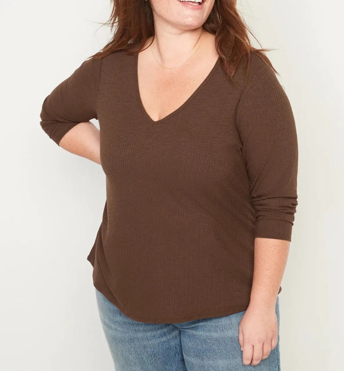 

OLD ТЕМНО-СИНАЯ ЖЕНСКАЯ РОСКОШНАЯ ФУТБОЛКА В РЕБРУЮЩУЮ ТРИКОТАЖКУ L/S ТОП XL 1X 16 18 PLUS, Brown espresso coffee