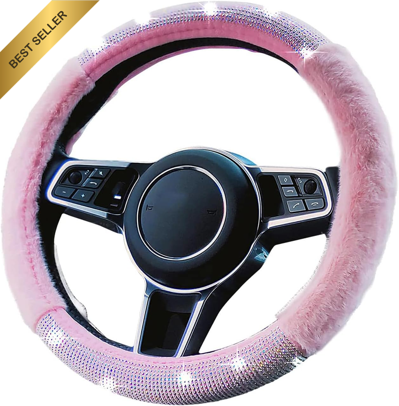 Pink Fluffy Steering Wheel Cover for Women, Universal 15 Inch Bling Car Steering