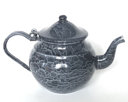 RARE American Gray Graniteware Mottled Small Bulbous Teapot Enamelware