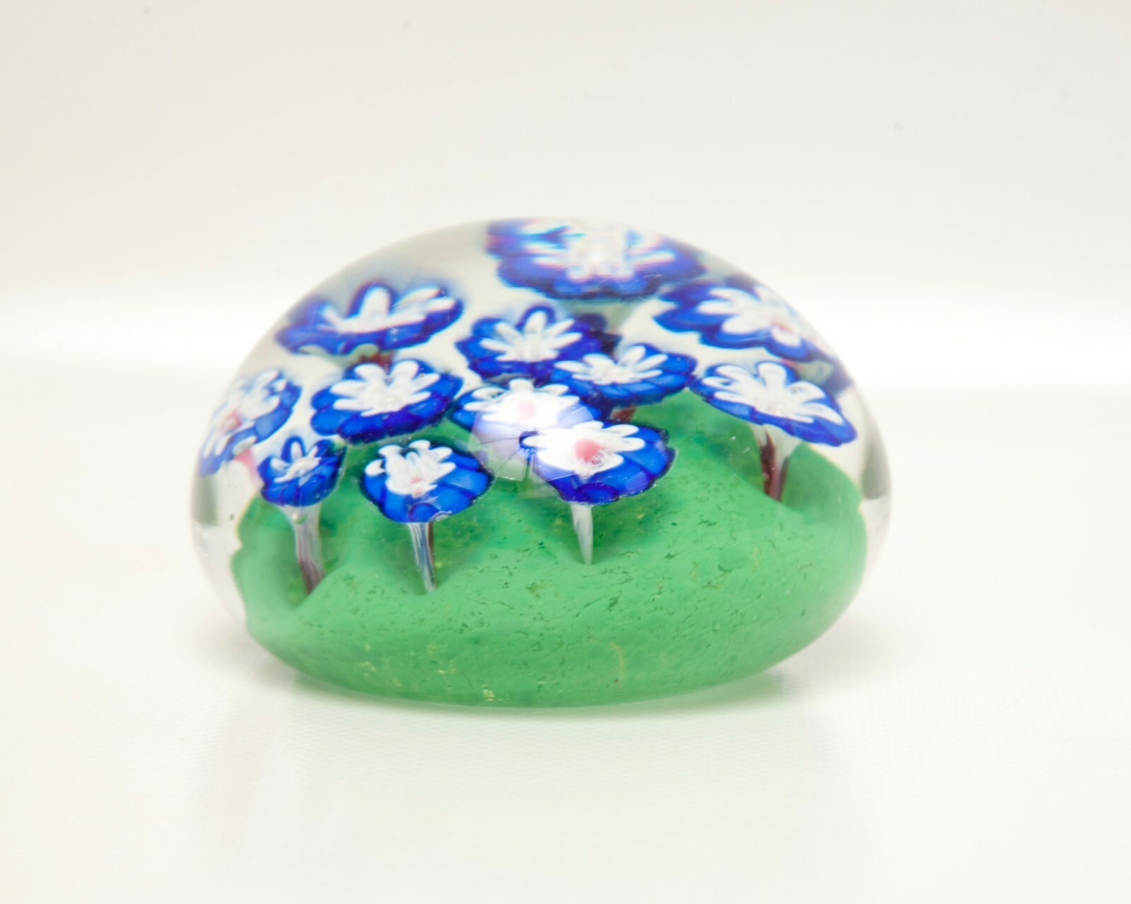 Vintage Millefiori Glass Paperweight Hand Blown Art Glass Flowers Blue White Red