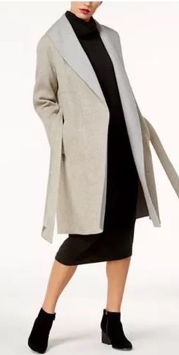 Pre-owned Eileen Fisher Large  Oatmeal Dark Pearl Brushed Wool Doubleface Shwal Collar Coat In Oatmeal/dark Pearl