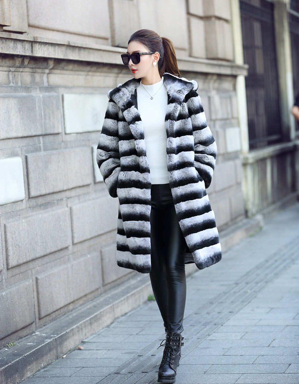 Women Chinchilla Whole Skin Genuine Rex Rabbit Fur Coats Hooded