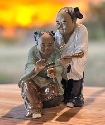 Pottery Chinese Mudmen Bird On Nest Mud Man Figurine Signed Wan Jiang Shiwan 10''