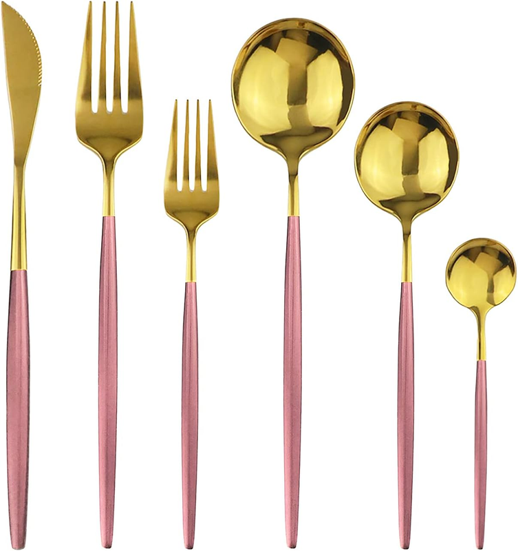 Snplowum 36-Pieces Silverware Mirror Polished Dinnerware Gold Flatware with Pink
