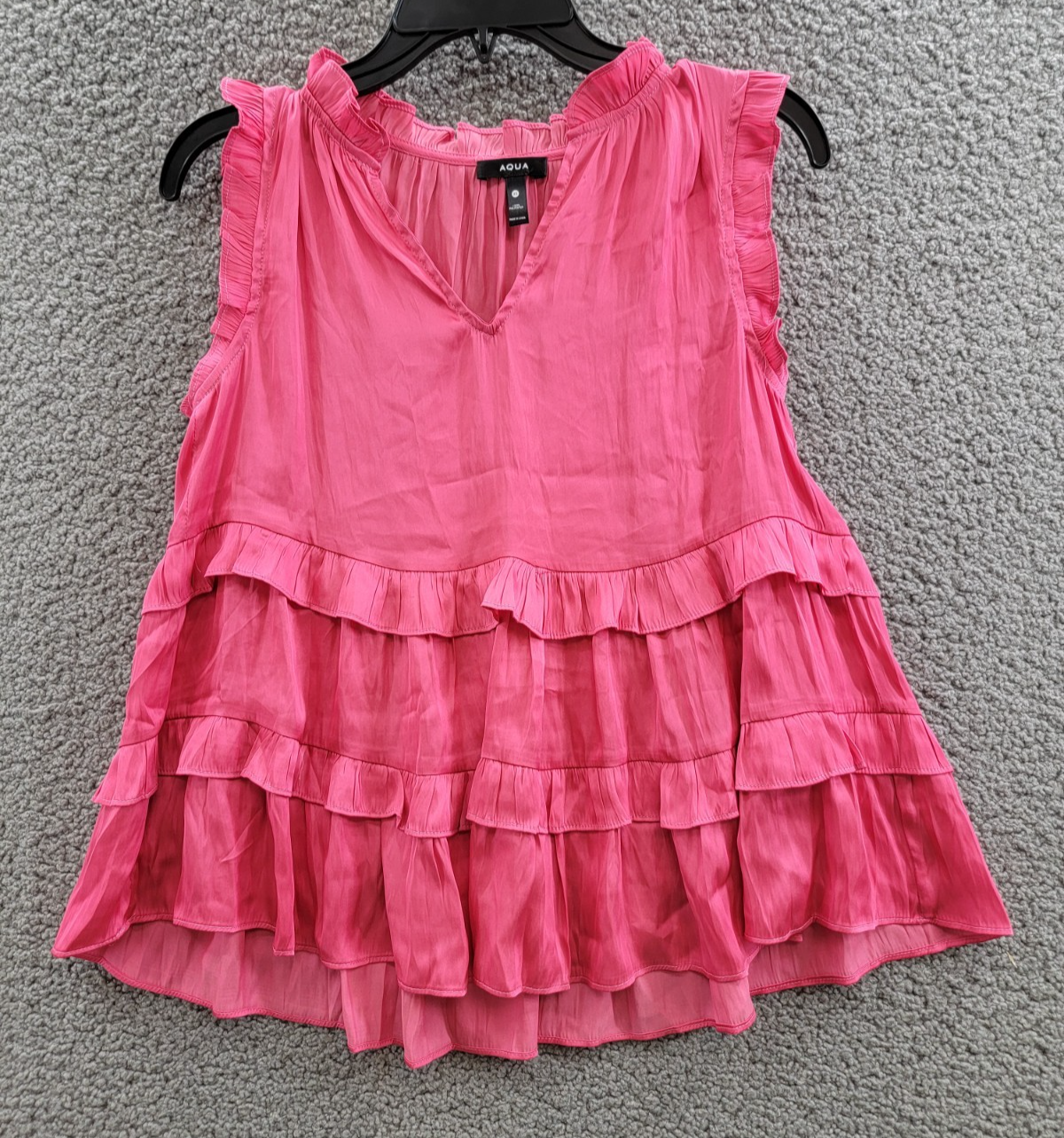 AQUA Satin Ruffled Tank Top Women's XS Hot Pink Vneck Sleeveless Pullover Style - Picture 2 of 15