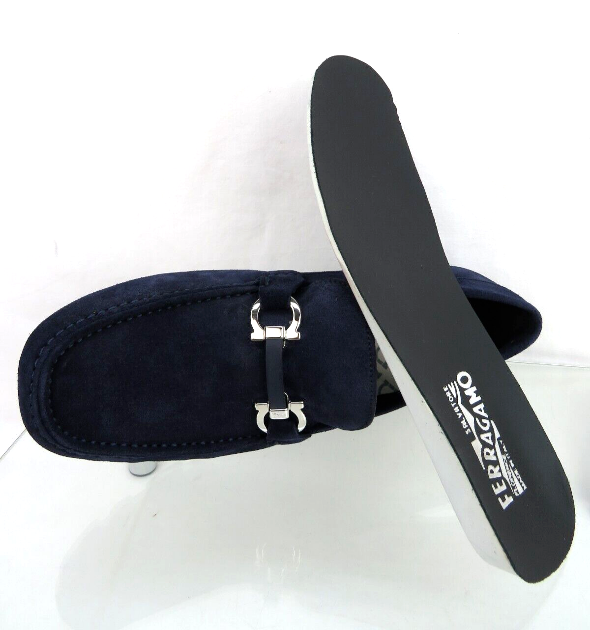 Pre-owned Ferragamo Salamanca Navy Suede Gancini Bit Moccasin Driving Loafers Us 9 Ee In Blue