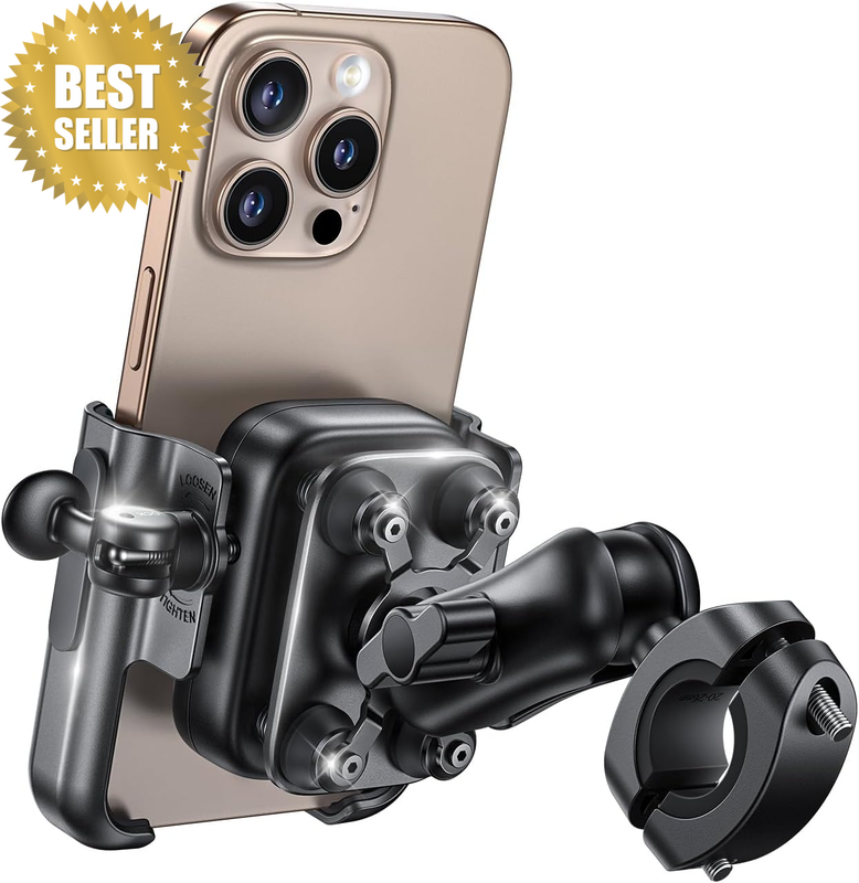 All Metal Motorcycle Phone Mount - [Anti Shake] [Extendable Arm] Bike Phone Hold