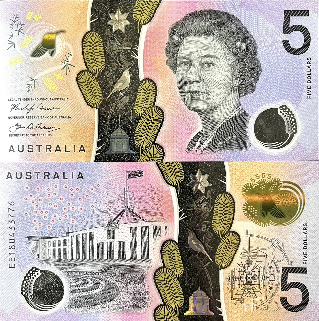 Australia 5 Dollars 2018 Polymer P 62 b New Sign UNC, Elizabeth II,Canberra, NR