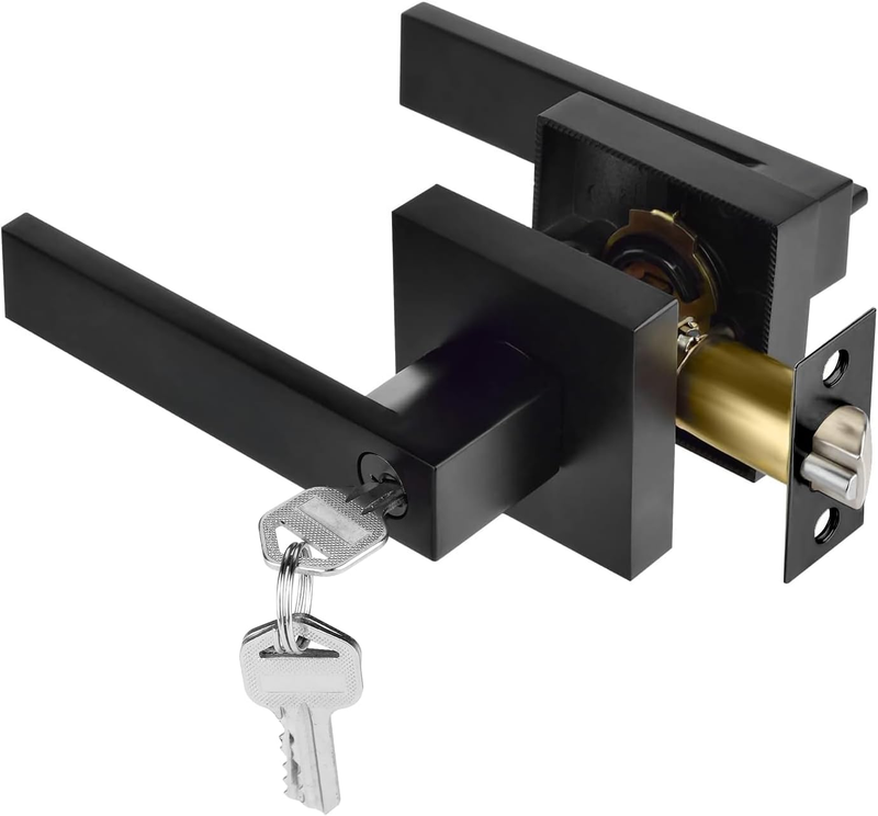 Entry Door Handle Lever with Lock Key, Black Square Heavy Duty Door Knob for Use
