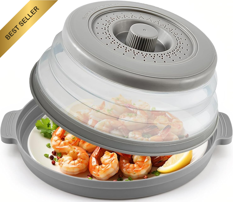2 in 1 Collapsible Microwave Splatter Cover for Food, with Tray & Handles - Vent