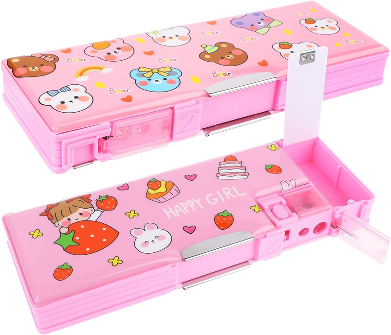 2Pcs Multifunctional Pencil Cases Girls Boys Kids Cute Cartoon Hard Magnetic Pen