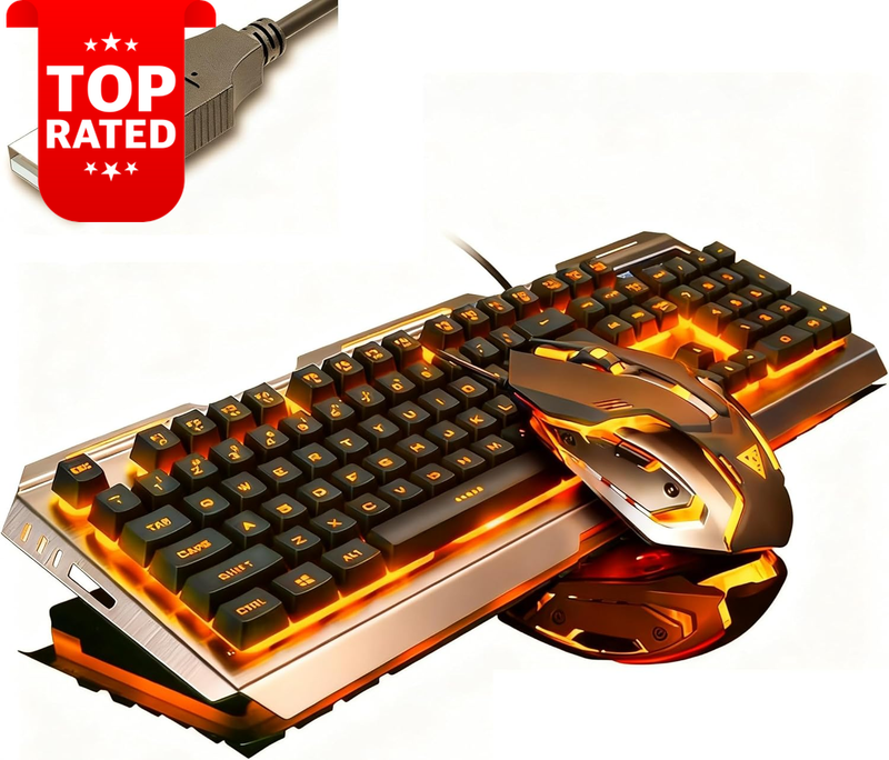 Orange Yellow Backlit Keyboard Mouse Combo LED Gaming Set Waterproof Metal Frame