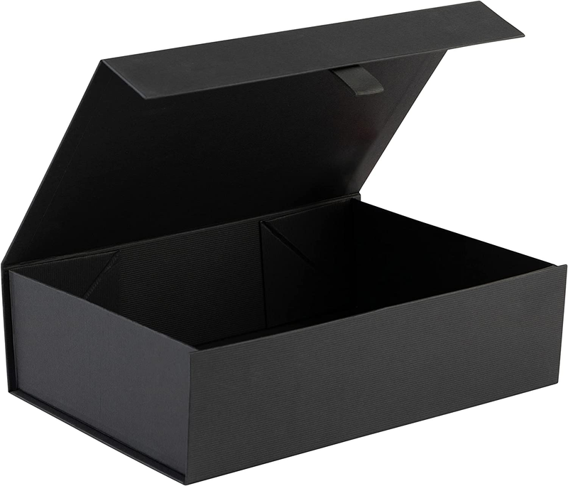 Black Ribbed Hard Gift Box with Magnetic Closure Lid 14" X 9" X 4" Rectangle Fav