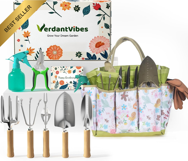 9PC Heavy-Duty Stainless Steel Floral Garden Tool Set Tote Bag Green