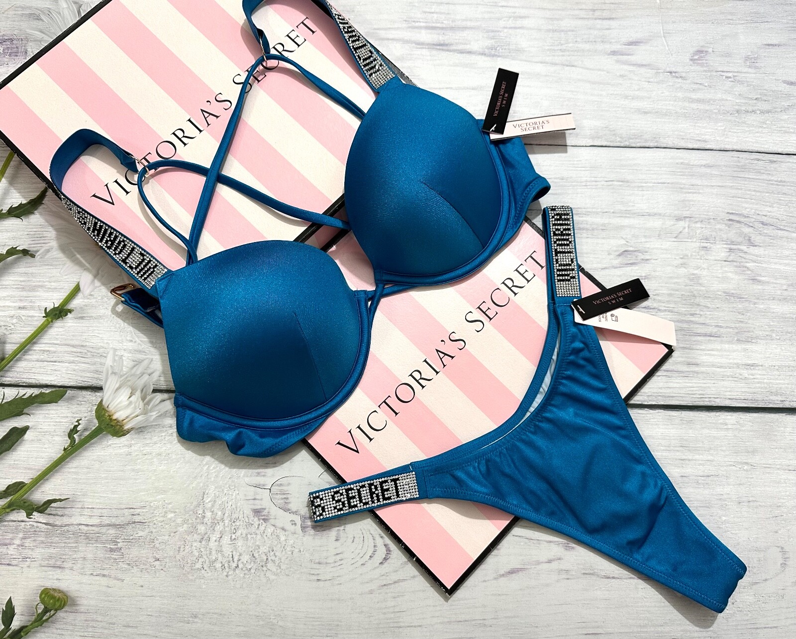 

Victorias Secret Shine Strap Swim Thong Bombshell Add-2-Cup Blue Push-up Set, Teal blue