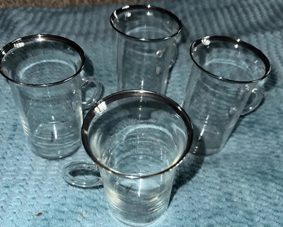 CRATE & BARREL Set of 4 Vtg Style Clear Glass Silver Coffee Tea Cups/Juice glass