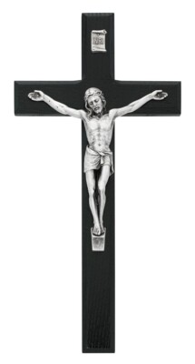 WALL CRUCIFIX, BLACK Wall Crucifix, Silver Corpus on a 10'' High Cross
