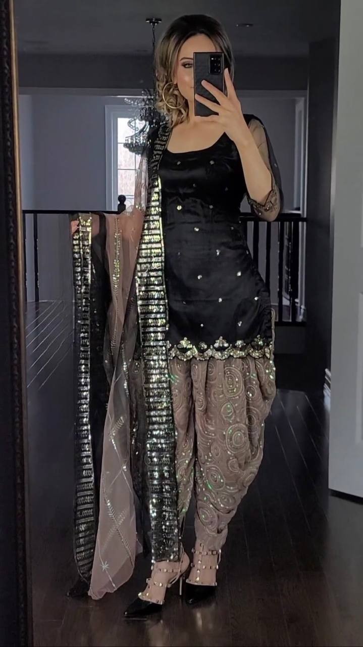 Pakistani Style Heavy Faux Georgette Top Dhoti And Dupatta For Reception & Party