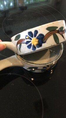 2 German Polish Pottery Stoneware Soup Bowls Handle Floral Hand painted Apx 4-5''