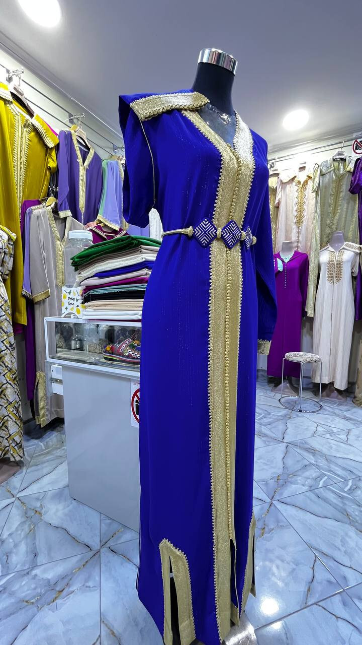 Pre-owned Handmade Authentic Moroccan Women's Caftans -premium Korean Crepe- Embroidery In Blue