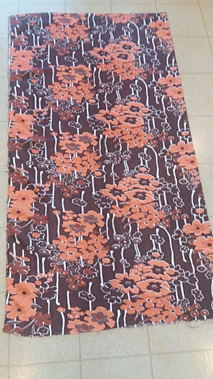 Retro Vtg Mod Orange & Brown Floral Double Knit Fabric Polyester 56