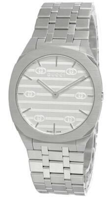 Pre-owned Gucci 25h 34mm Quartz Stainless Steel Silver Dial Unisex Watch Ya163402