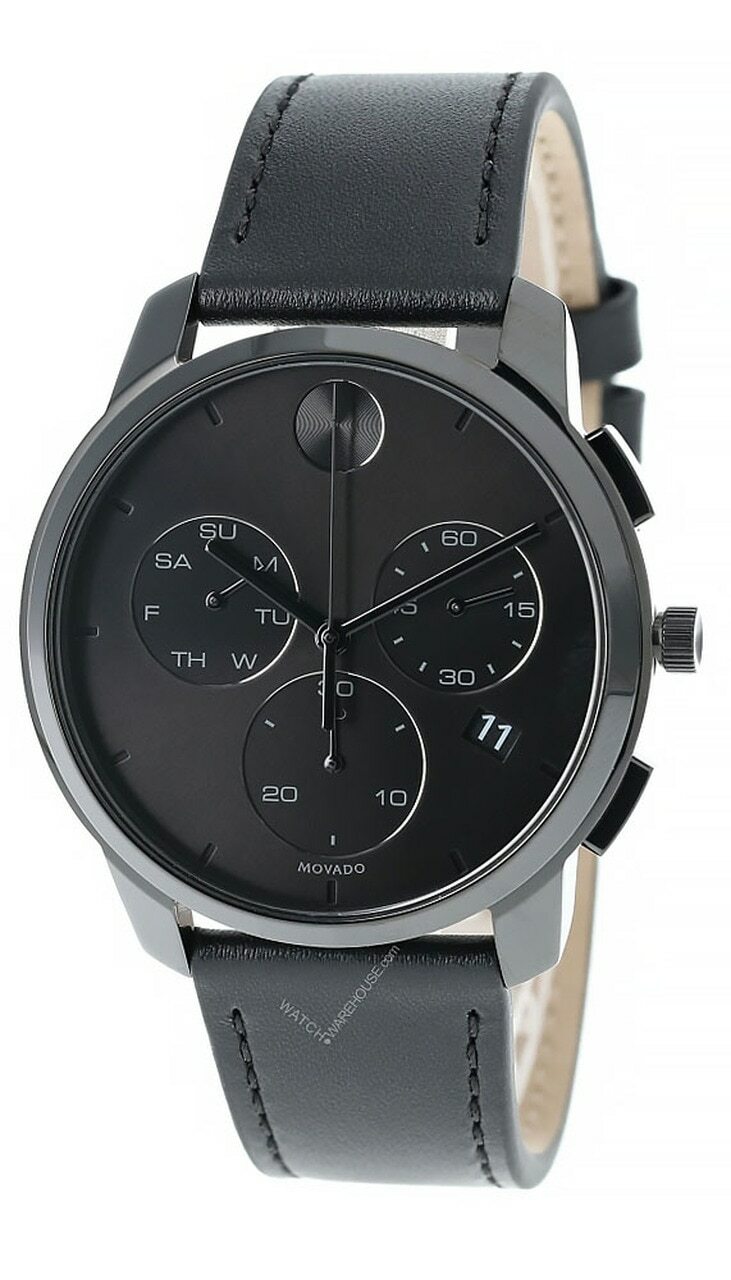 MOVADO Bold Thin 42MM CHRONO Black Dial Leather Men's Watch