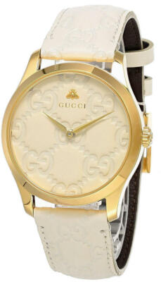 Pre-owned Gucci G-timeless 38mm Quartz Ss Ylw-gold White Leather Watch Ya1264033