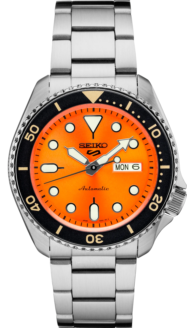 Pre-owned Seiko Srpd59 5 Sports Automatic Watch Orange Dial & Stainless Steel Bracelet