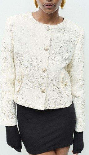 ZARA Golden Cropped Foil Blazer Jacket Size XS 2810/633