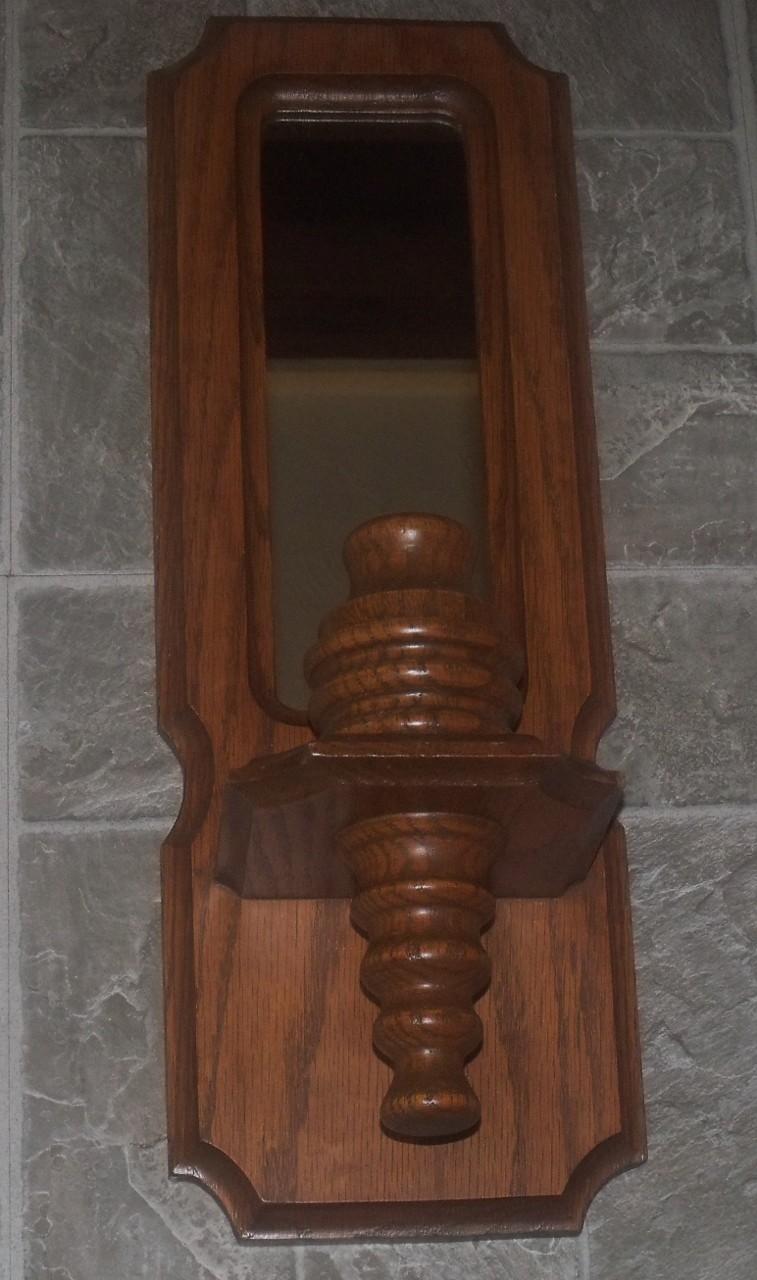 VTG HOMCO HOME INTERIOR SOLID WOOD WALL HANGING MIRROR CANDLE HOLDER SCONCE OAK?