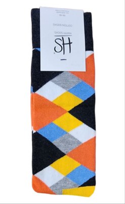 S Men's Grey Rhombus Cotton Colorblock Crew Socks Size 8-12 Nwt
