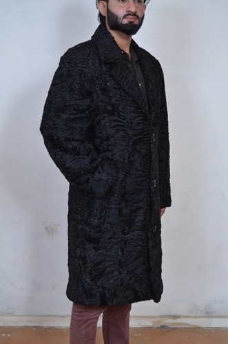 Pre-owned Handmade Man's Real Real Astrakhan Swakara Wavy Karakul Fur Long Coat All & Custom Size In Black