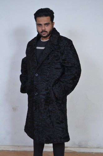 Pre-owned Handmade Man's Real Real Astrakhan Swakara Wavy Karakul Fur Long Coat All & Custom Size In Black