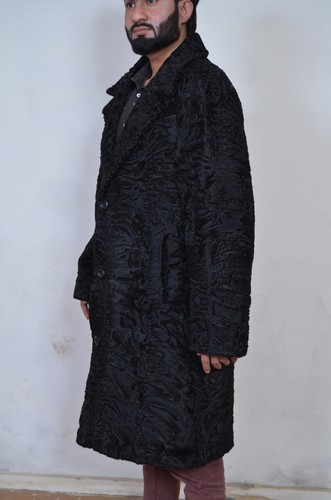 Pre-owned Handmade Man's Real Real Astrakhan Swakara Wavy Karakul Fur Long Coat All & Custom Size In Black
