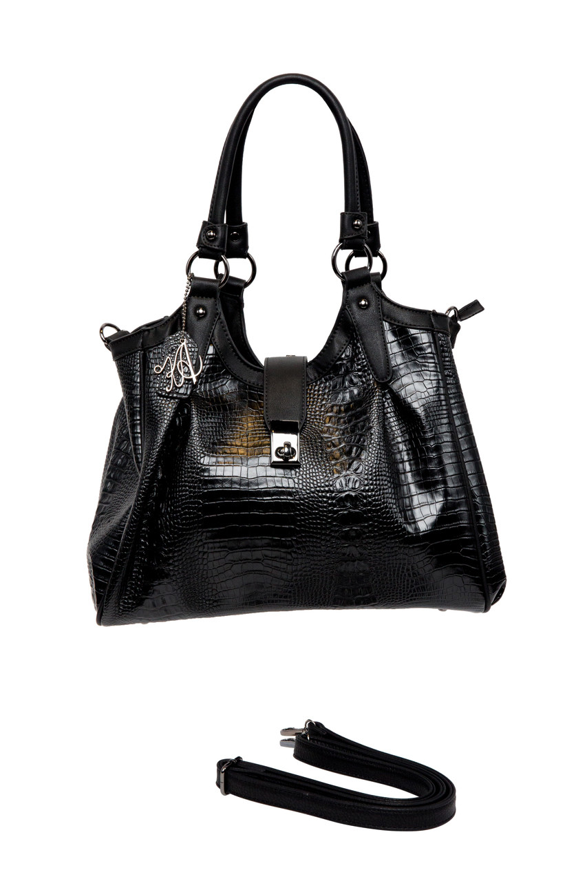 BLACK CROCODILE DESIGN CONCEALED CARRY HANDBAG