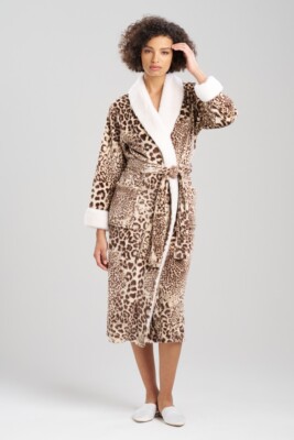 N Natori Cashmere Leopard Plush Robe Women's M Natural Leopard Gorgeous NWT