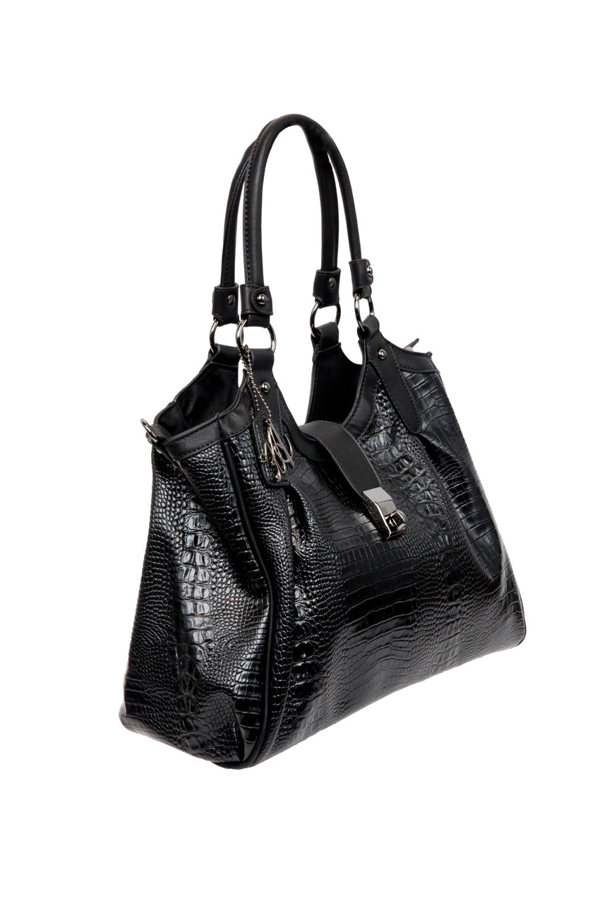 BLACK CROCODILE DESIGN CONCEALED CARRY HANDBAG