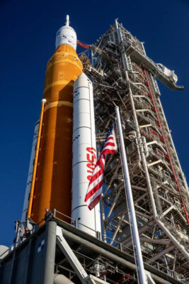 Artemis I SLS Launch Pad Rocket from Ground American Flag Photo Art Print