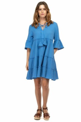 BTFL-Life Blue Boho Mine Dress, Flare Sleeves, V-Neck Tassel, Flowy Dress Size M
