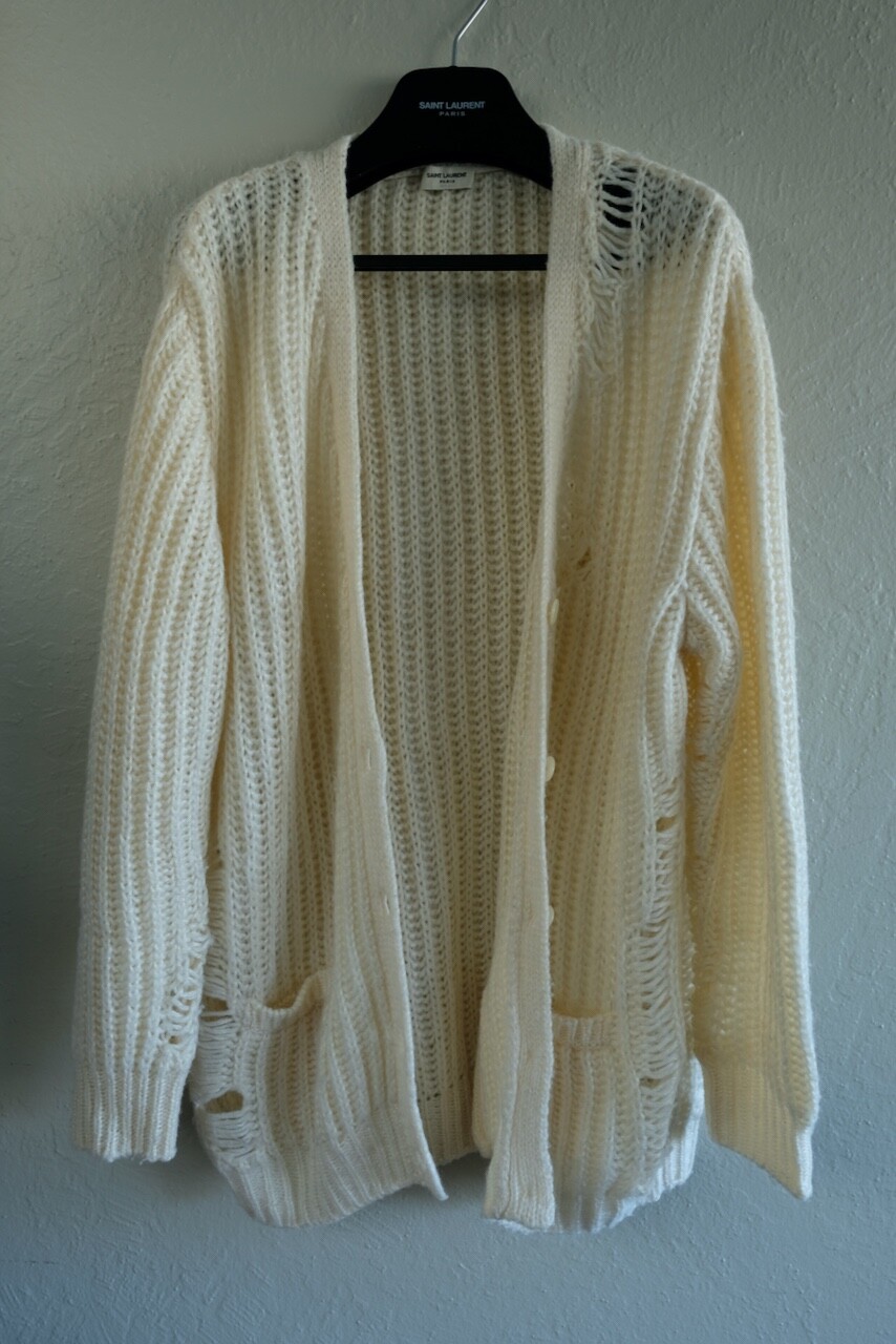 Saint Laurent Destroyed White Knit Cardigan SS16 Surf Sound