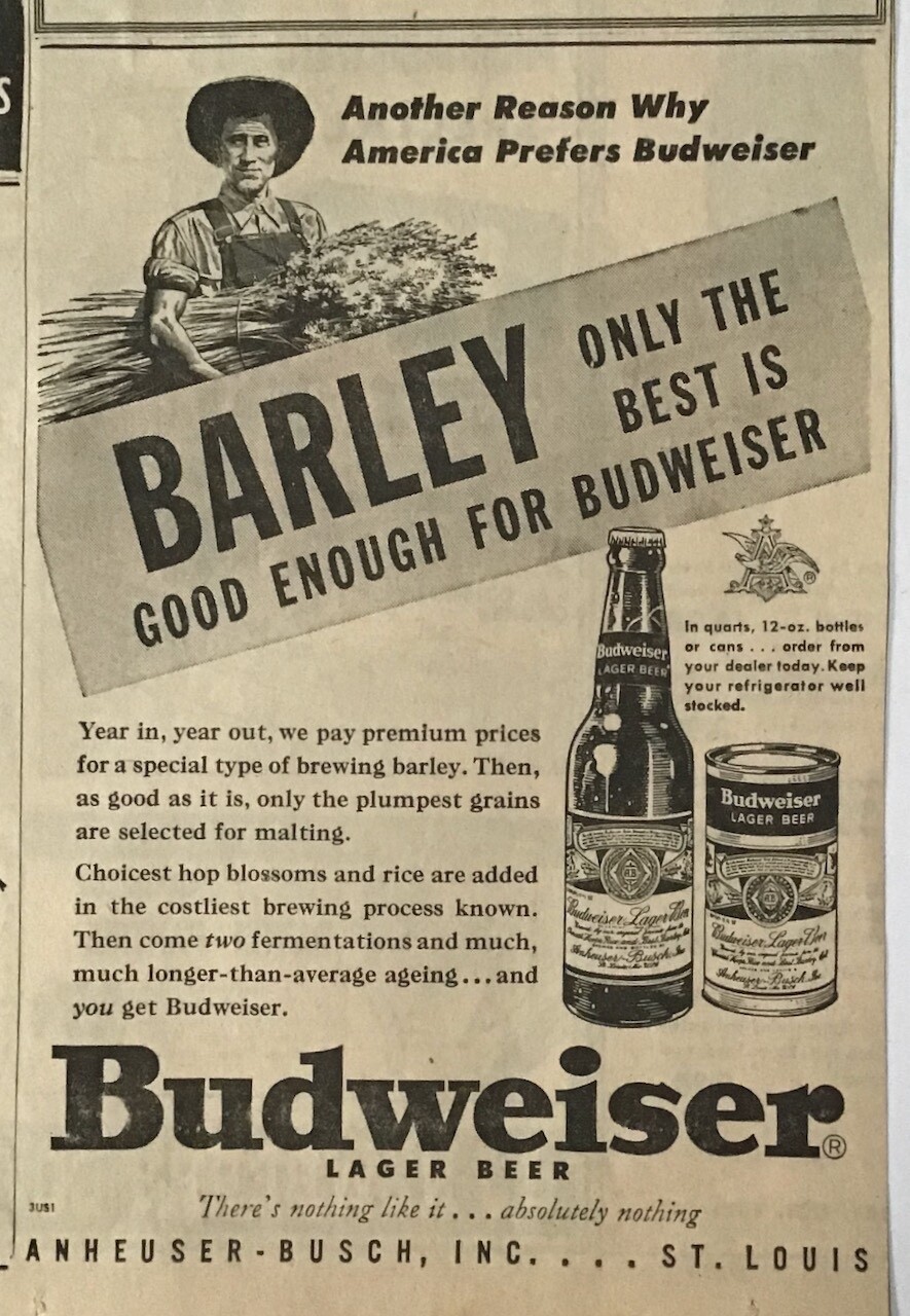 バドワイザー ポスター 額縁 Budweiser Beer ad 1934 バドワイザー レトロ広告 ポスター B4フレーム付き ◇ Budweiser