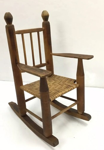 Antique Doll Size Miniature Rocking Chair with Woven Seat - 