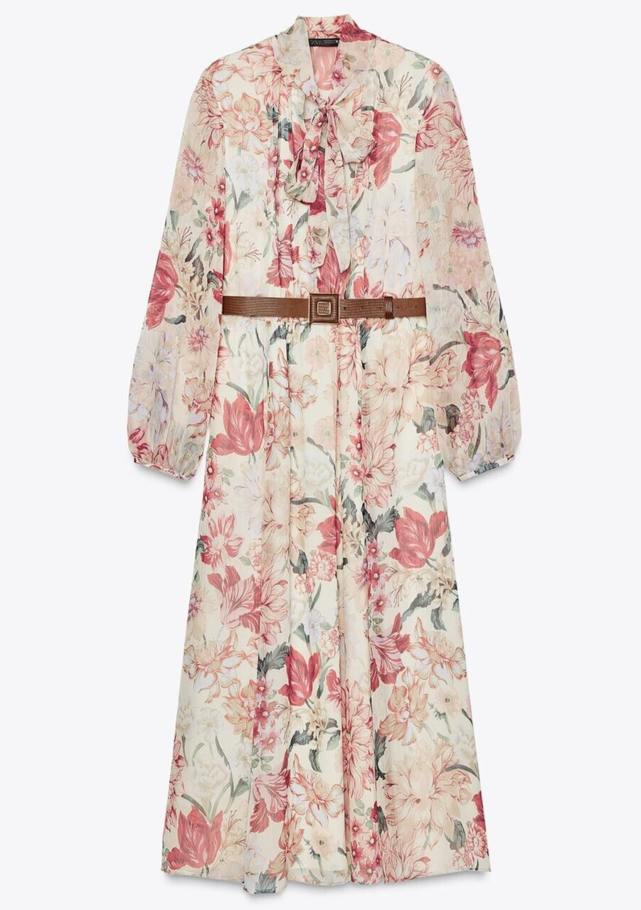 ZARA WOMAN HIGH-NECK FLORAL PRINT MIDI DRESS WITH BELT 2507